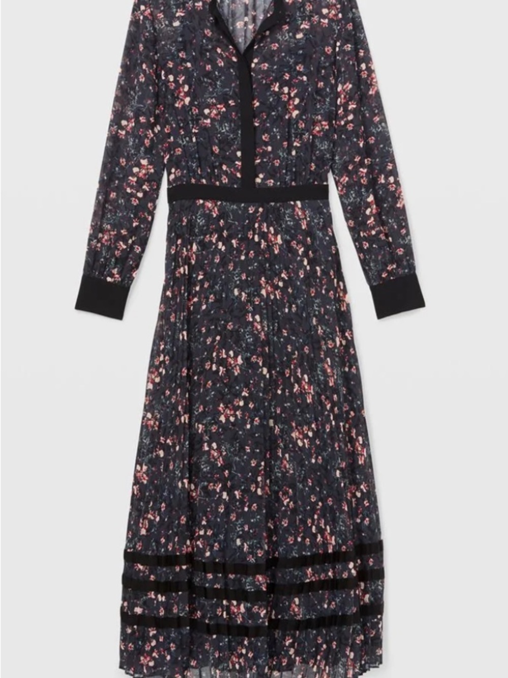 Club Monaco Black Floral Long-Sleeve Midi Dress with Pink Accents